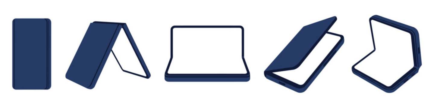 Innovative foldable smartphone mockup set in different folding angles isolated on transparent background