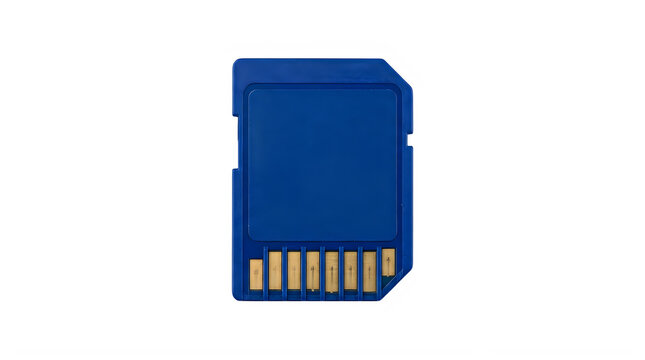 Blue SD memory card for digital photography and technology data storage branding frontal isolated png on a transparent background perfectly cutout high resolution