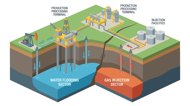 Oil and Gas Extraction and Injection Process Illustration.