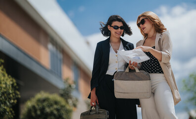 Fototapeta premium Two businesswomen review documents together outdoors. Colleagues consult papers while walking near a modern office building.
