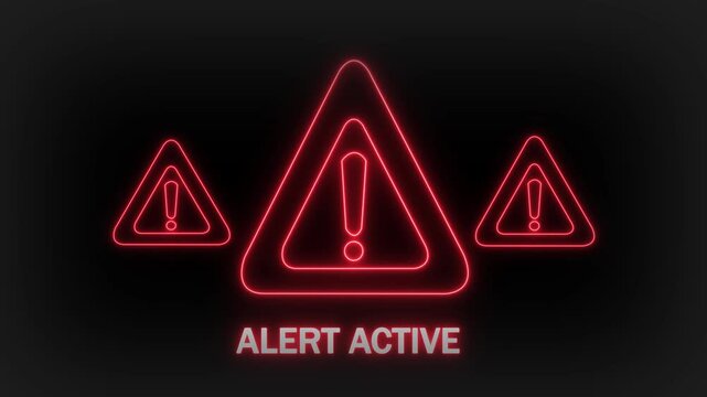 Three bright red neon warning triangle symbols with exclamation marks inside illuminated against a dark backdrop with the text ALERTACTIVE below them