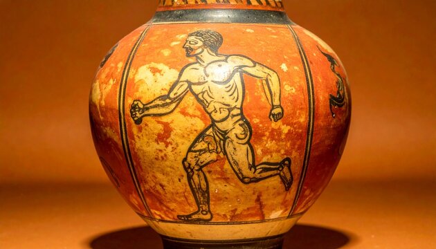 Ancient Greek vase with black figure athlete in motion detail