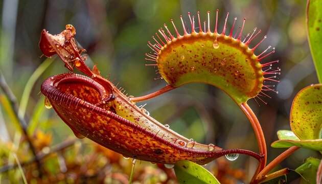 Close-up of sticky resin glands on carnivorous Roridula plant stem