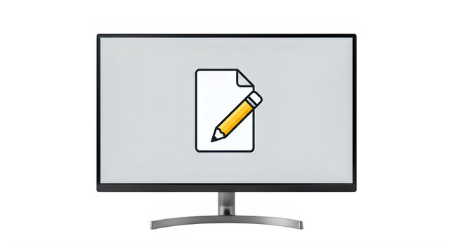 Computer monitor screen with edit document icon for technology and office work frontal isolated png on a transparent background perfectly cutout high resolution