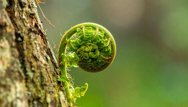 Close-up of unfurling fern frond on textured tree trunk