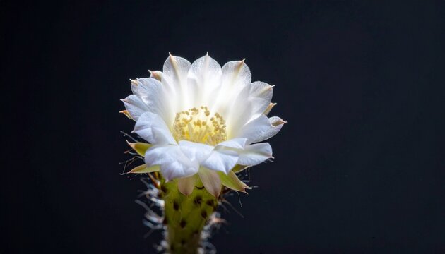 Close-up of rare white Discocactus horstii flower blooming at night