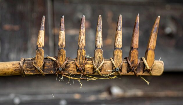 Close-up of traditional wooden hay fork with hand-carved ash handle