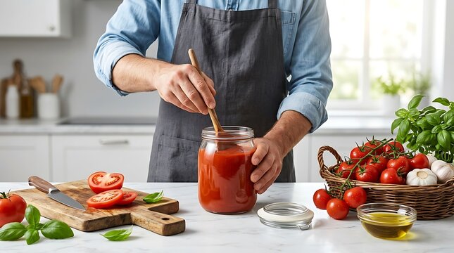 Koki mengaduk saus tomat segar di dalam toples kaca besar melambangkan proses penciptaan kuliner rumahan dan dedikasi pada bahan alami