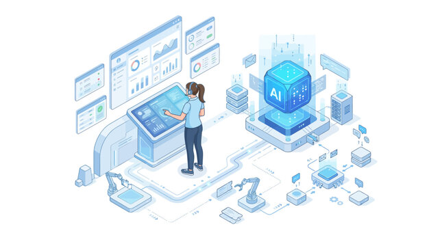 Isometric AI technology illustration with female engineer managing digital data and machine learning processes for corporate business and software development presentation