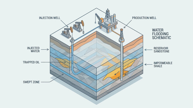 Water Flooding Schematic for Oil Extraction from Reservoir Rock.