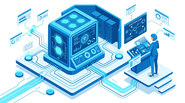 Isometric server room and data center management with female technician monitoring digital network infrastructure and cloud computing systems for enterprise business technology solutions