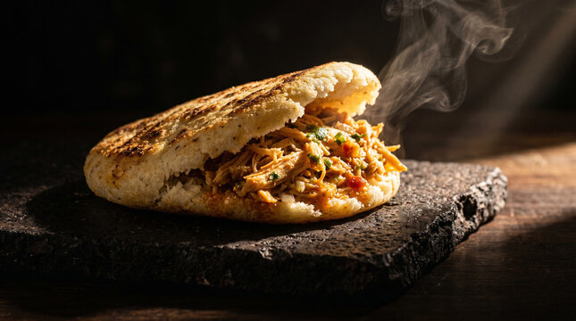 Steaming hot arepa filled with shredded chicken and vegetables on a stone plate