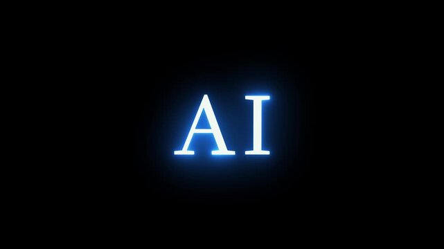 Neon blue glow of ai artificial intelligence text word in digital technology futuristic animation on black background