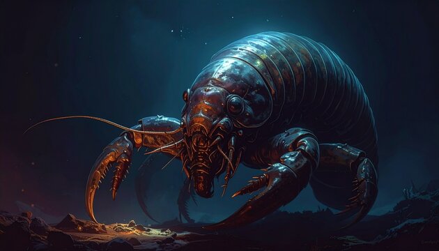 Giant deep sea isopod scavenging on ocean floor close-up portrait