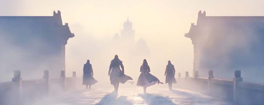 Four warriors or adventurers walk a misty bridge toward a distant Asian pagoda or temple, epic fantasy game concept
