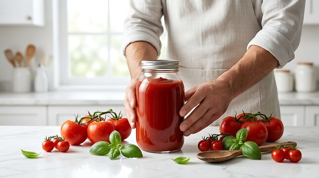 Pria memegang toples kaca berisi saus tomat segar buatan sendiri yang melambangkan dedikasi kuliner dan kualitas bahan makanan alami murni