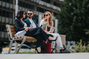 Fototapeta premium Three businesspeople sit on a bench discussing documents and using tablets and drinks. An informal outdoor meeting unfolds in an urban setting as colleagues review papers together.