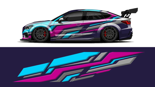 Vibrant race car with bold geometric decals and racing livery on a dark background.