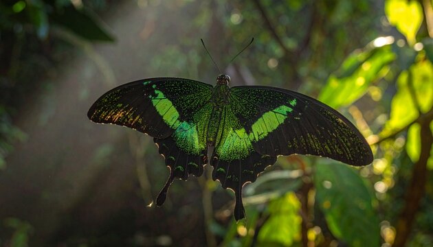 Close-up of Rajah Brooke's Birdwing Butterfly on Leaf in Tropical Forest