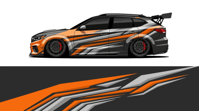 Sleek orange and black racing car with dynamic decals viewed from the side, emphasizing speed and design.