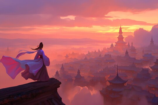 Woman in traditional asian dress looking at a fantastical floating city at sunset. Epic asian background for mobile or pc game.