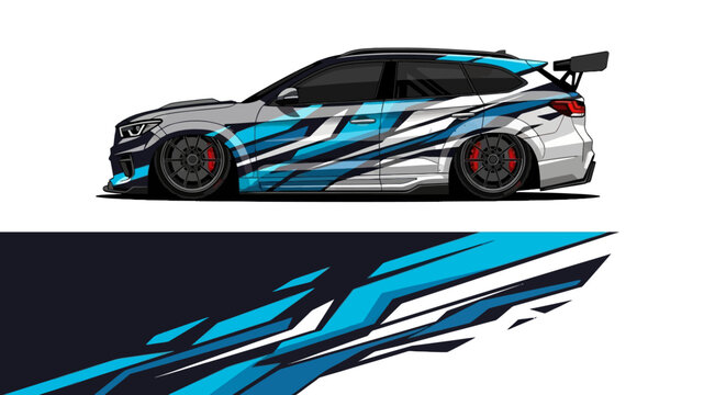 Sleek blue and white race car with dynamic graphic decals and spoiler side view.