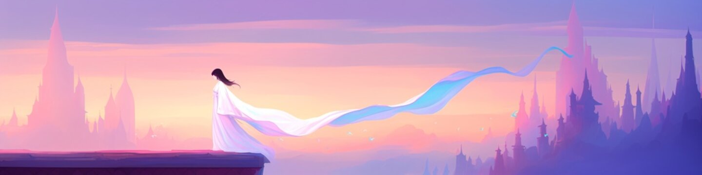 Woman in flowing dress stands on a ledge looking out at a fantasy landscape of distant castles bathed in ethereal twilight, for game background.