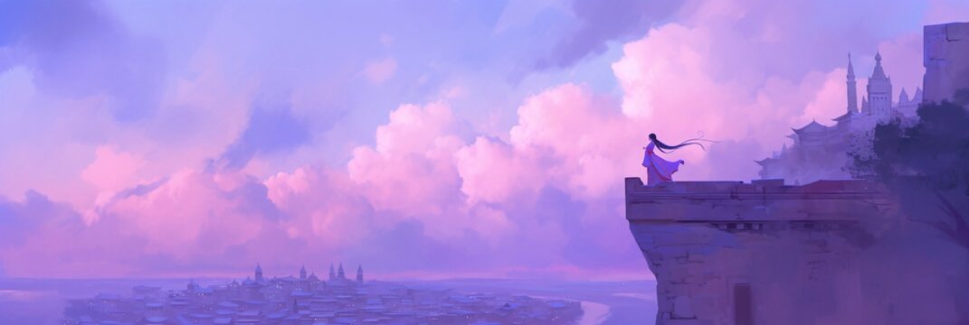 Woman stands on a castle wall overlooking a vast Asian city at sunset, fantasy scene for mobile or PC game background, action RPG, epic battle.