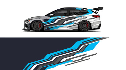 Obraz premium Side view of a stylized blue and white race car with dynamic graphic decals and racing livery.