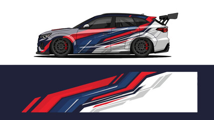 Naklejka premium Front and side views of a blue, red, and white race car with bold graphic stripes.