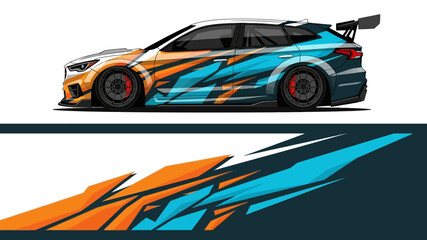 High-speed race car with bold blue and orange graphics and aerodynamic design for street and track. © AhzaArdiansyah