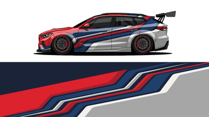 Fototapeta premium Sleek racing car with bold red and blue graphic livery and aerodynamic design.