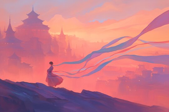 Woman with flowing ribbons on mountain with asian fantasy city at sunset. Epic asian background for mobile or pc game, action RPG, fantasy battle.