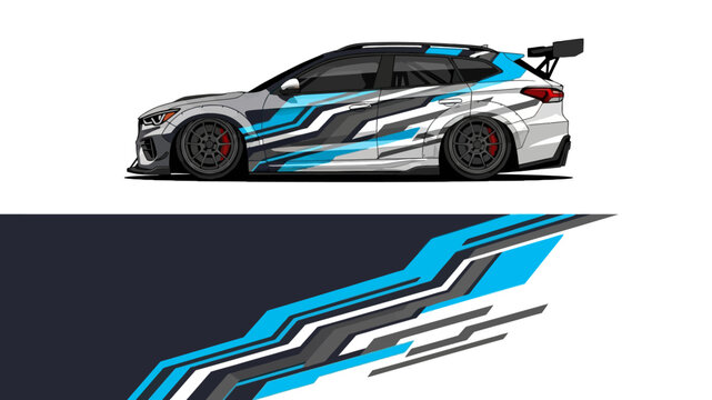 Side view of a stylized blue and white race car with dynamic graphic decals and racing livery.