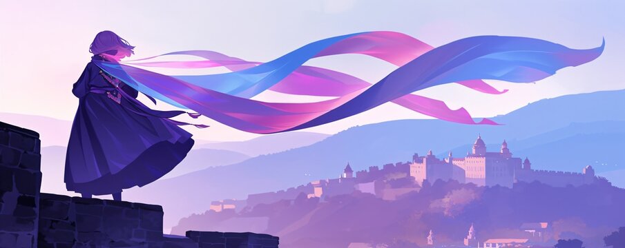 Woman warrior standing on a castle wall overlooking an ancient asian kingdom with vivid flowing scarfs. Epic fantasy battle game background for mobile or pc.