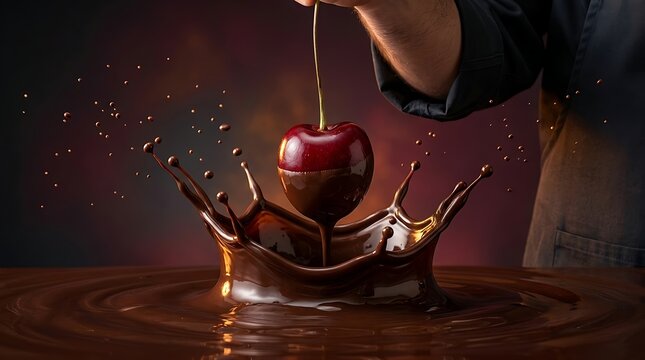 Tangan koki mencelupkan ceri merah ke dalam lelehan cokelat hangat yang melambangkan keahlian kuliner tingkat tinggi dan kreasi hidangan manis