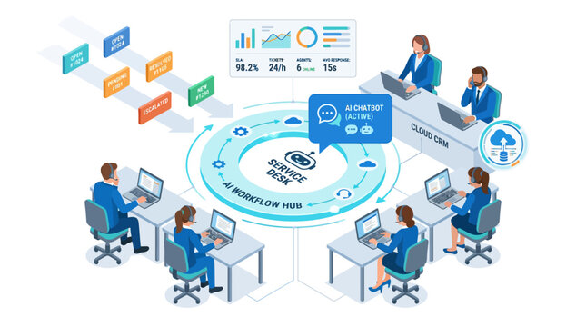 Isometric AI Customer Service Desk and Cloud CRM Workflow Illustration for Business Tech Presentation