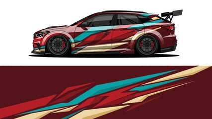Sleek sports car with vibrant multicolored racing stripes and aerodynamic design. © AhzaArdiansyah