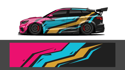 Obraz premium Colorful racing car with blue and pink graphics, bold stripes and dynamic side profile.