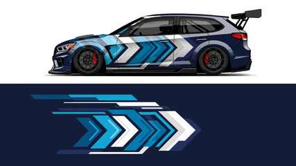 Side Profile of a Blue Racing Car with Chevron Graphics and Bold Livery. © AhzaArdiansyah