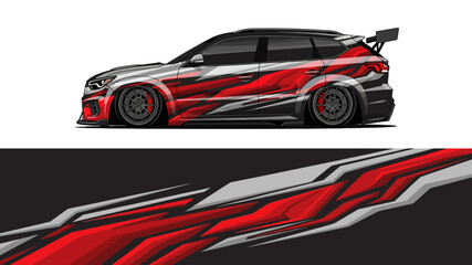 Naklejka premium Stylized red and black sports car with flame graphics and sleek white body in a dynamic side view design.