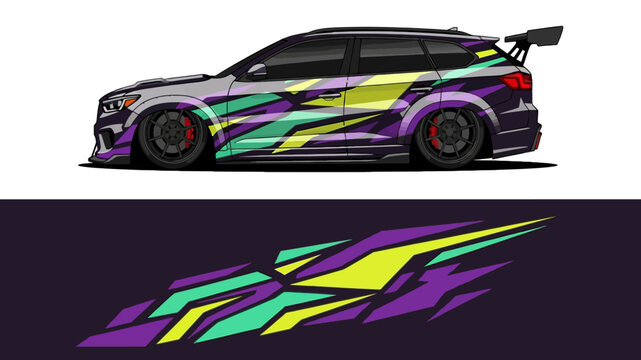 Vibrant multicolor racing car with bold decals and aero spoiler.