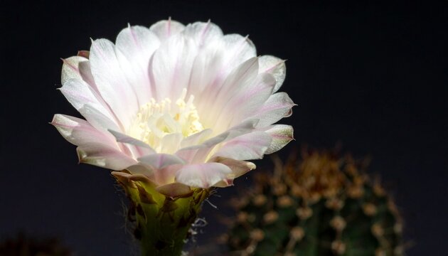 Close-up of rare Discocactus horstii cactus with white nocturnal flower in bloom