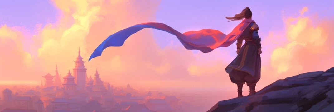Man warrior standing on a mountain overlooking an ancient asian kingdom at sunset with a flowing cape, concept art for action role-playing game.