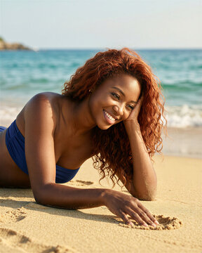 Curly haired woman lying down on sandy beach, smiling, looking down, on a beautiful cloudy background with an ocean view in the distance.