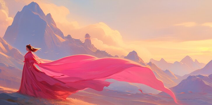 Woman with long flowing pink fabric on an ancient asian mountain landscape. Fantasy game background or desktop wallpaper.