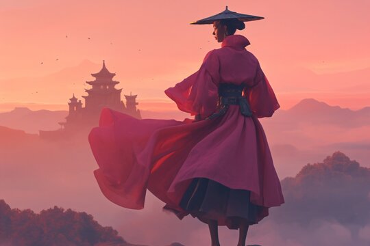Asian woman wearing a traditional kimono dress and conical hat standing on a cliff with an epic ancient temple in the background during sunset, concept for game art