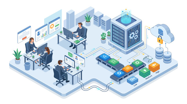 Isometric Data Center and Cloud Computing Infrastructure with Software Developers and IT Support Team