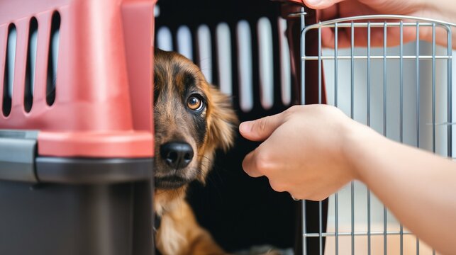 Hands securing pet carrier door with dog inside, ready for travel.
