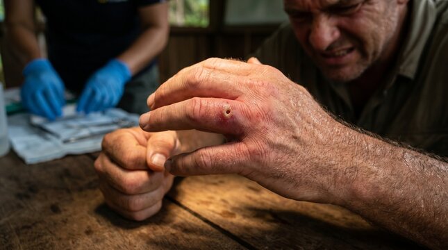 Man with a bite mark on his hand receiving medical attention